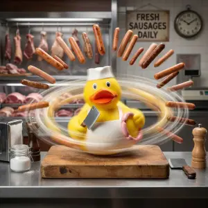 (image for) Butcher w/ Sausages & Cleaver Duck